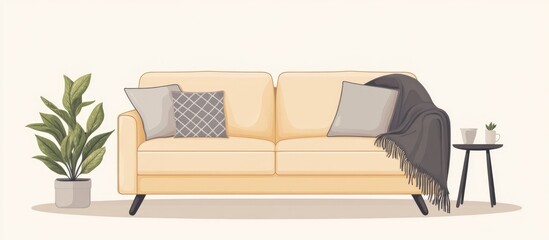 Cozy Beige Sofa With Soft Cushions And Gray Throw Blankets