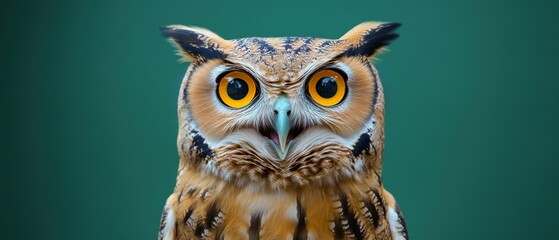 Obraz premium A close-up of an owl with striking amber eyes and detailed feathers, set against a vibrant green background, showcasing its intense expression and striking features