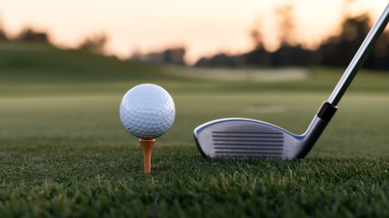 A close-up view of a golf ball on a tee with a golf club about to strike it on a well-maintained golf course during sunset