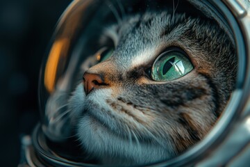 A close-up of a cat in an astronaut helmet, showcasing its bright green eyes and curious expression, set against a dark, space-like background