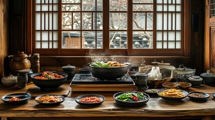 A traditional Korean kitchen setting with a variety of cooking utensils and ingredients used for preparing authentic Korean meals.