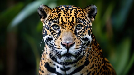 Obraz premium Close-up Portrait of a Jaguar with Intense Gaze in Lush Forest Sanctuary