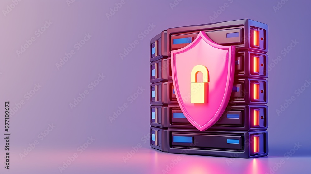 Poster a digital data security concept featuring a shield with a padlock on a server, emphasizing protectio