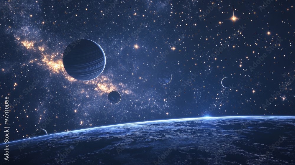 Poster a tranquil deep space image of a distant star system with planets and rings, set against a backdrop 