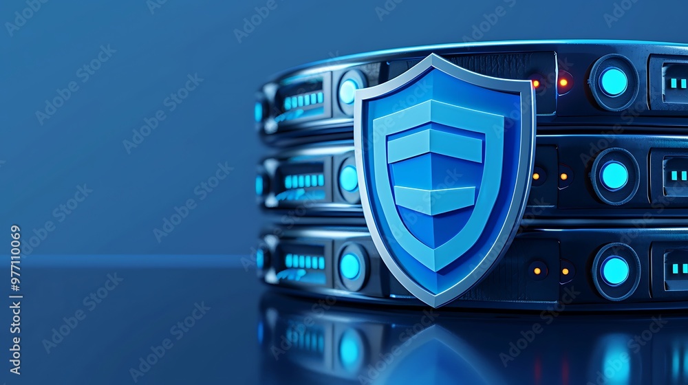 Poster a digital illustration of secure servers featuring a protective shield symbolizing data security and