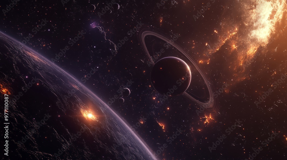 Poster a tranquil deep space image of a distant star system with planets and rings, set against a backdrop 