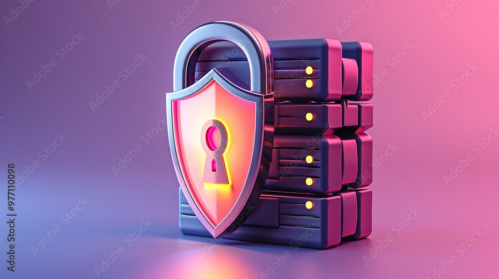 Poster a digital lock symbolizing data protection and security, set against a modern background with glowin