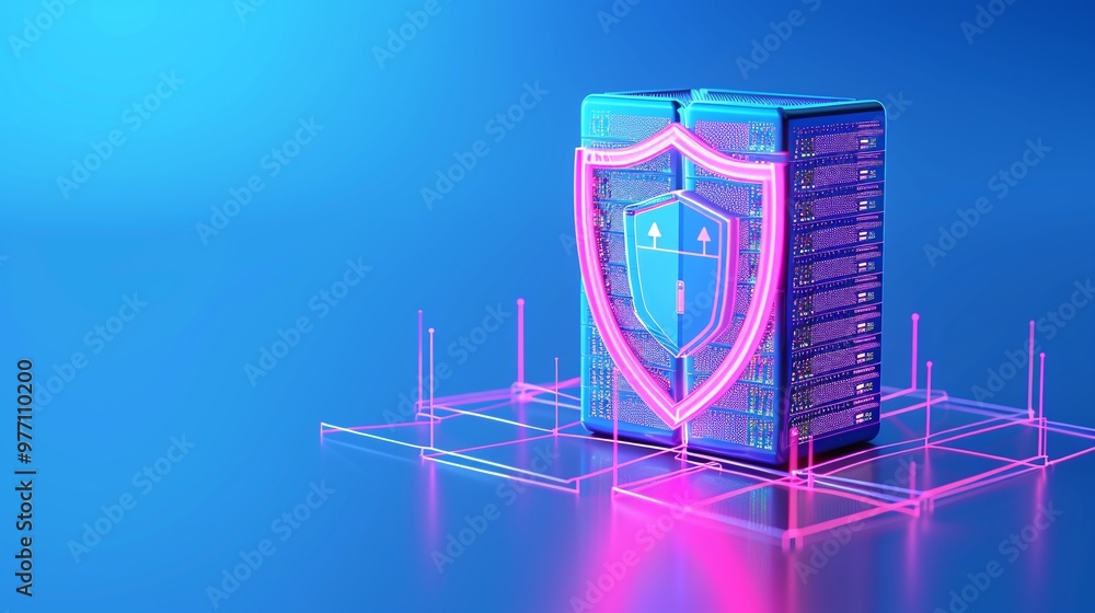 Poster a digital representation of a shield protecting a server, symbolizing cybersecurity and data protect