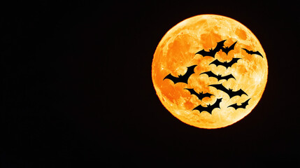 a colony of bats in flight, silhouetted against a full moon