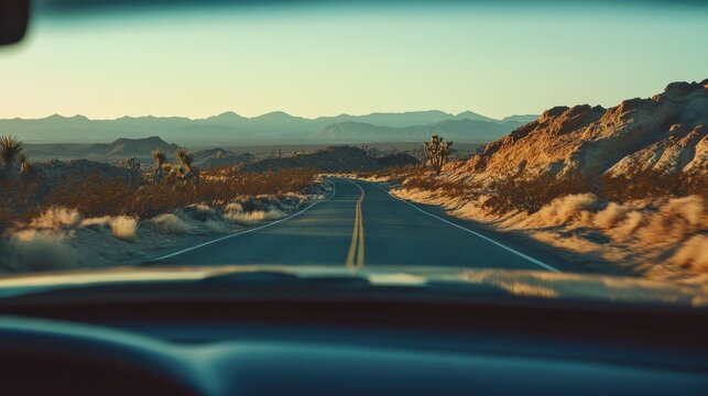 A scenic road trip view through the windshield of a car, with a winding road leading through desert landscapes.