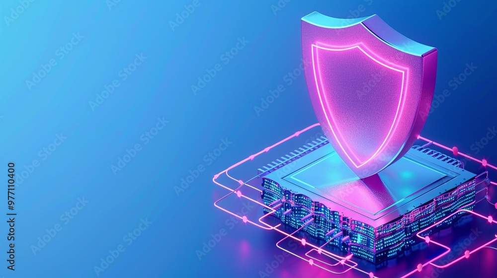 Poster a digital representation of cybersecurity featuring a glowing shield on a circuit board. perfect for