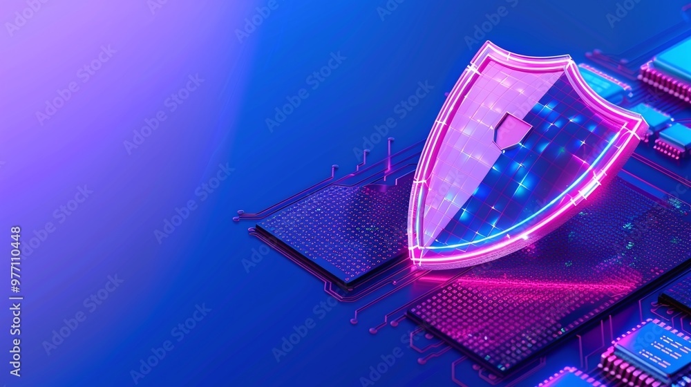 Poster a digital representation of cybersecurity with a neon shield overlaying a circuit board, symbolizing