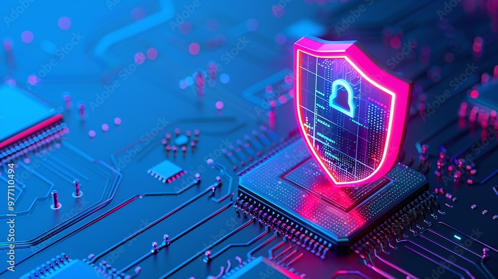 Poster a digital representation of cybersecurity with glowing shield and circuit board, symbolizing protect