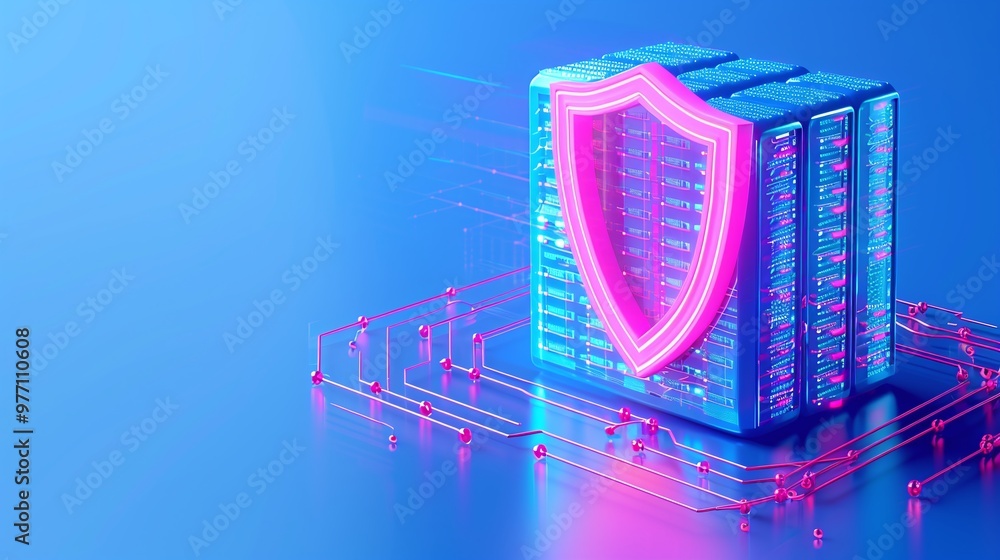 Poster a digital representation of data security with a shield symbol and futuristic elements on a vibrant 
