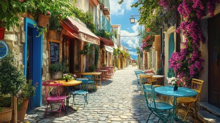 A street cafe with colorful tables and chairs in a quaint European village, with cobblestone streets and flowers.