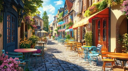 A street cafe with colorful tables and chairs in a quaint European village, with cobblestone streets and flowers.