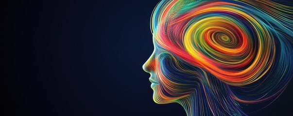 Abstract head filled with colorful swirling lines, representing business ideas and innovation, creative thinking, concept development