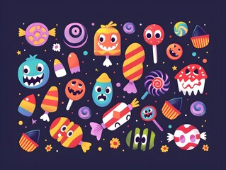 Fototapeta premium Colorful candy illustration featuring playful monsters and sweets. Perfect for children's designs and fun party themes.