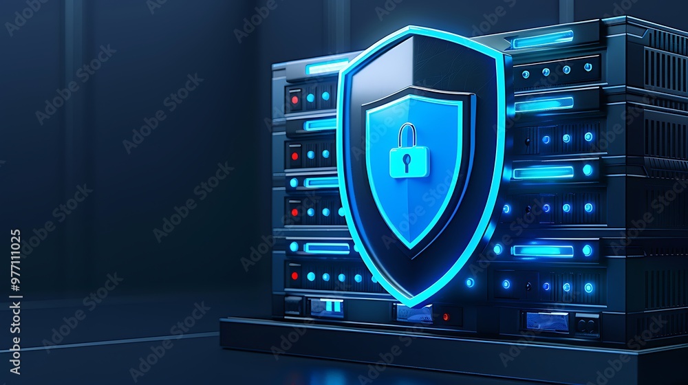 Aufkleber a digital security shield protecting server equipment, symbolizing cybersecurity and data protection