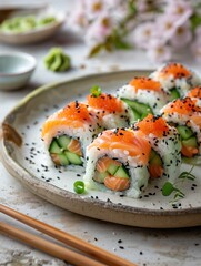 Cherry Blossom sushi roll with seared tuna, salmon, and avocado on a beige background