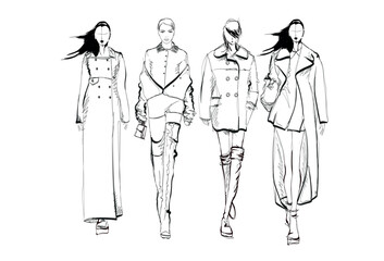 Beautiful young girl in stylish clothes. Fashion woman look. Sale concept. Hand-drawn fashion illustration. Cute girl in fashion clothes. 