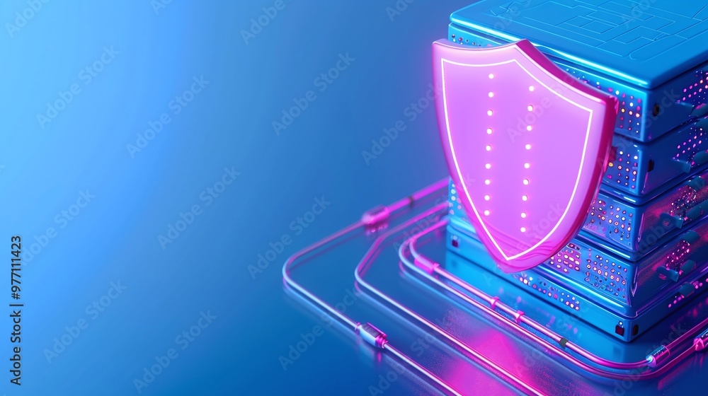 Poster a digital server with a glowing shield symbol, representing cybersecurity and data protection in a m
