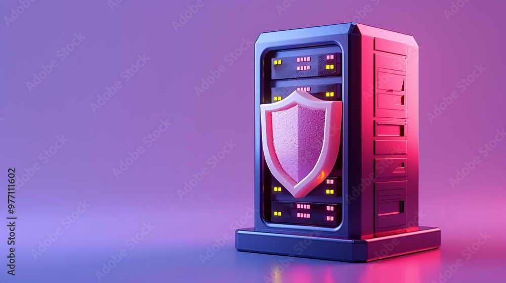 Poster a digital server with a protective shield symbol, representing cybersecurity and data protection in 
