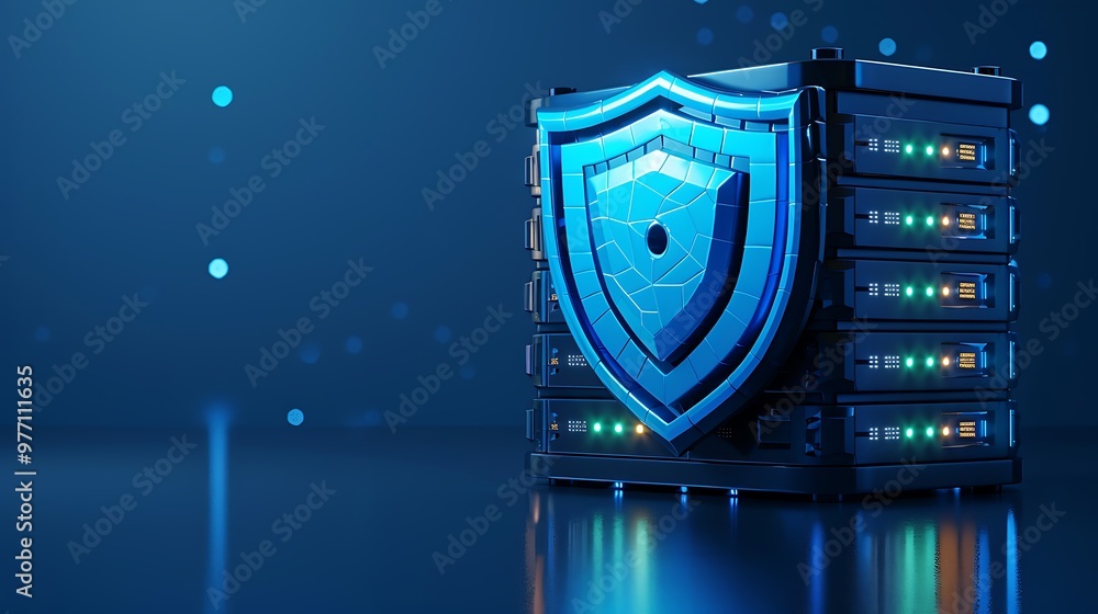 Poster a digital server with a protective shield symbolizing data security and cybersecurity. ideal for tec