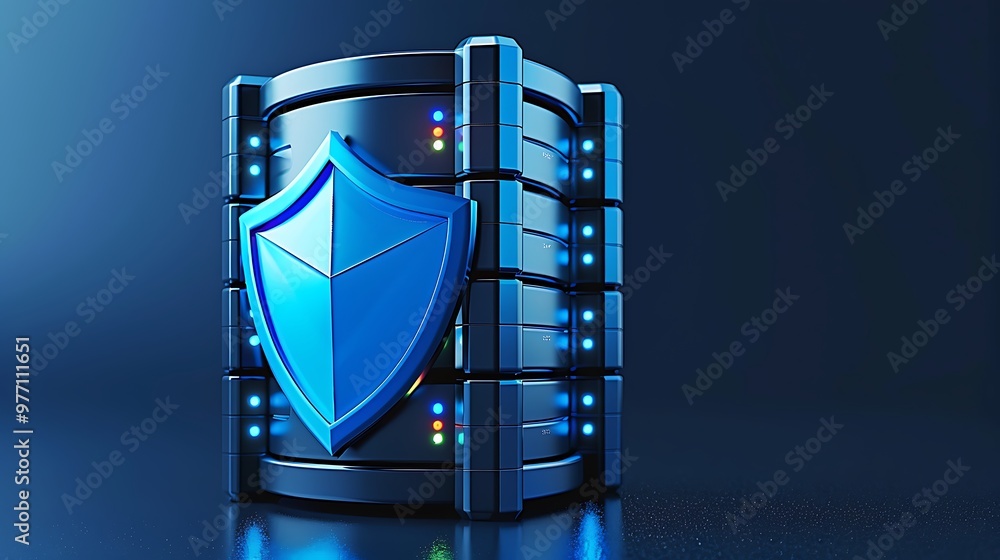 Poster a digital server with a protective shield, symbolizing data security and cyber protection in modern 