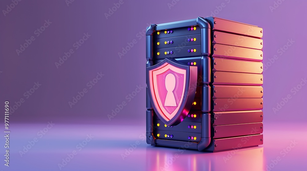 Poster a digital server with a security shield, symbolizing data protection and cybersecurity in a modern t
