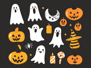 Colorful Halloween elements including ghosts, pumpkins, candles, and candy, perfect for seasonal decorations and designs.