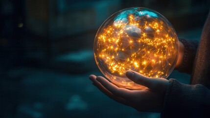 Fototapeta premium Person holding a globe filled with glowing ideas, representing global creativity in business, world of ideas, international business innovation