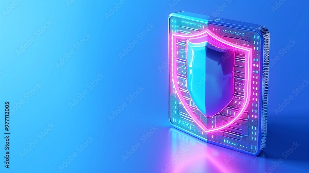 Aufkleber a digital shield icon illuminated in neon colors, representing cybersecurity and data protection in 