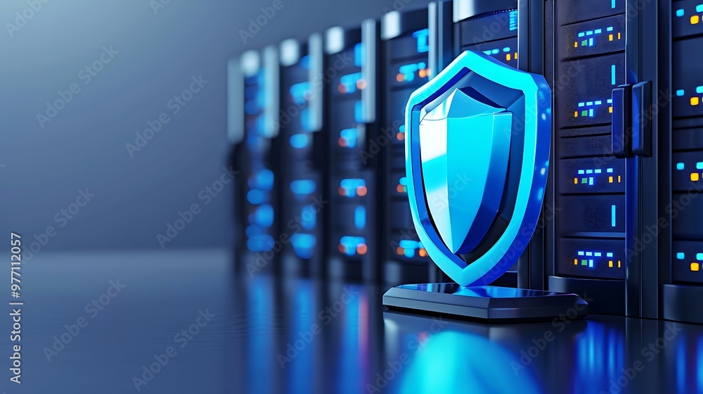 Poster a digital shield icon in front of server racks symbolizing data protection and cybersecurity for mod