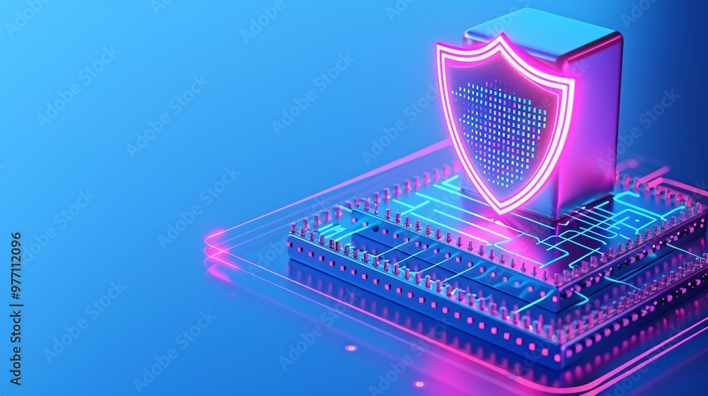 Poster a digital shield icon on a circuit board, symbolizing cybersecurity and data protection in a vibrant