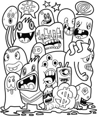 Hand-drawn illustrations, monsters doodle, Hand Drawn cartoon monster illustration,Cartoon crowd doodle hand-drawn Doodle style.