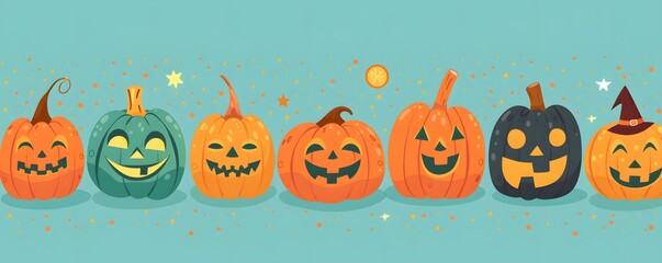 Colorful Halloween pumpkins with various expressions on a bright background, perfect for festive designs and decorations.