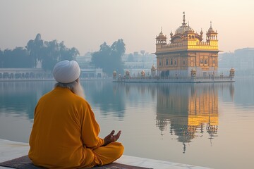 Guru Nanak  meditating at the golden temple in amritsar, india