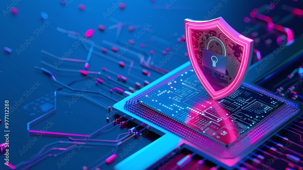 Poster a digital shield icon overlaying a circuit board, symbolizing cybersecurity and data protection in a