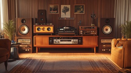A vintage home stereo system with large speakers, cassette deck, and turntable, set up in a classic living room, highlighting retro audio technology.