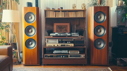 A vintage home stereo system with large speakers, cassette deck, and turntable, set up in a classic living room, highlighting retro audio technology.