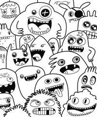 Hand-drawn illustrations, monsters doodle, Hand Drawn cartoon monster illustration,Cartoon crowd doodle hand-drawn Doodle style.