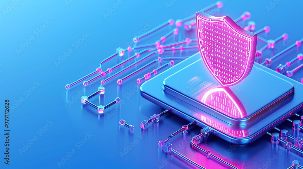 Poster a digital shield icon representing data protection and cybersecurity innovation on a futuristic back
