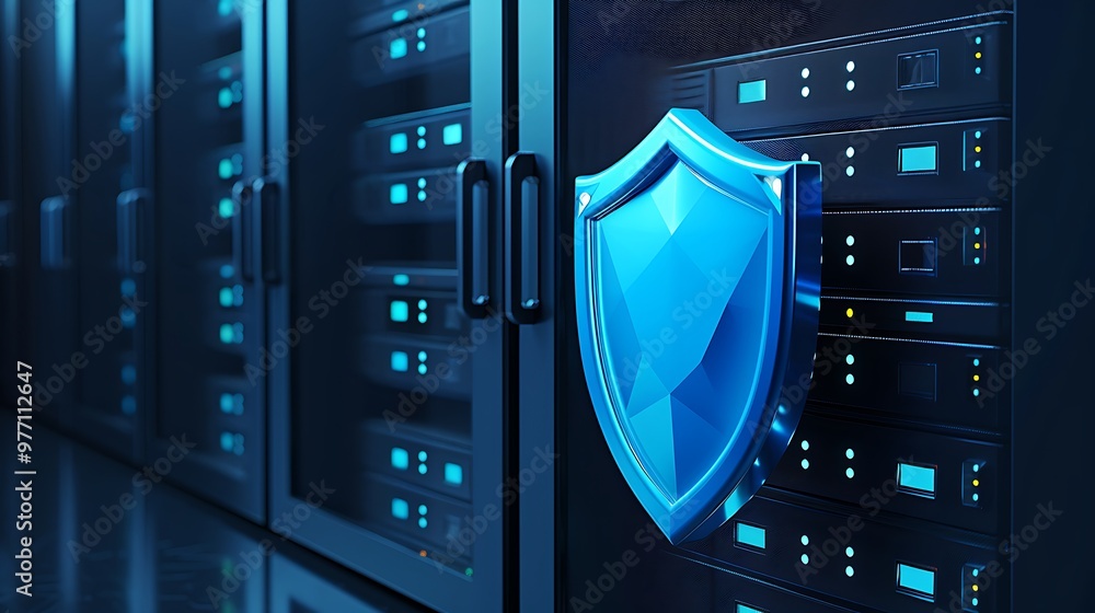 Poster a digital shield icon represents data security in a modern server room, emphasizing protection and t