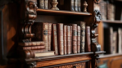 A vintage wooden bookshelf filled with old leather-bound books, set against a backdrop of richly detailed woodwork and classic decor elements.