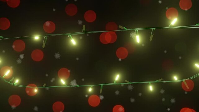 Flashing yellow christmas string lights and red bokeh light spots over falling stars on black