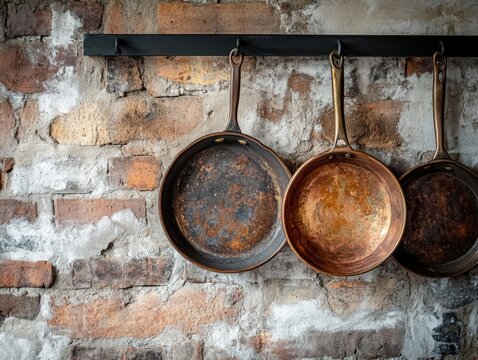 Three Vintage Copper Pans Hanging on a Brick Wall, Evoking Nostalgia and a Rustic Charm