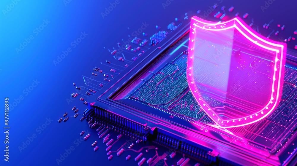 Aufkleber a digital shield overlaying a microchip, symbolizing cybersecurity and protection in the tech world 