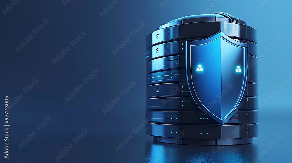 Poster a digital shield protecting a stack of data servers, symbolizing cybersecurity and data protection i