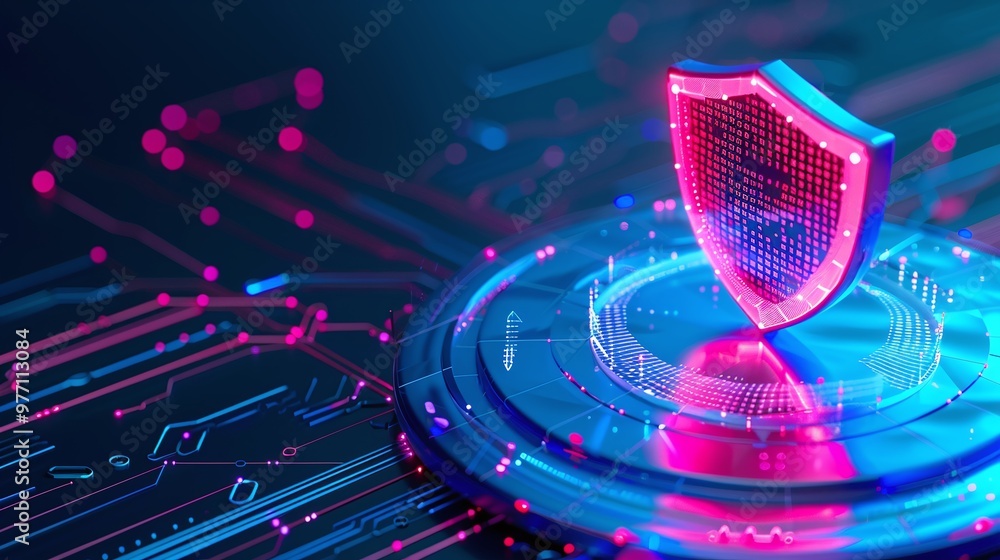 Poster a digital shield representing cybersecurity and protection in a vibrant, futuristic setting with glo